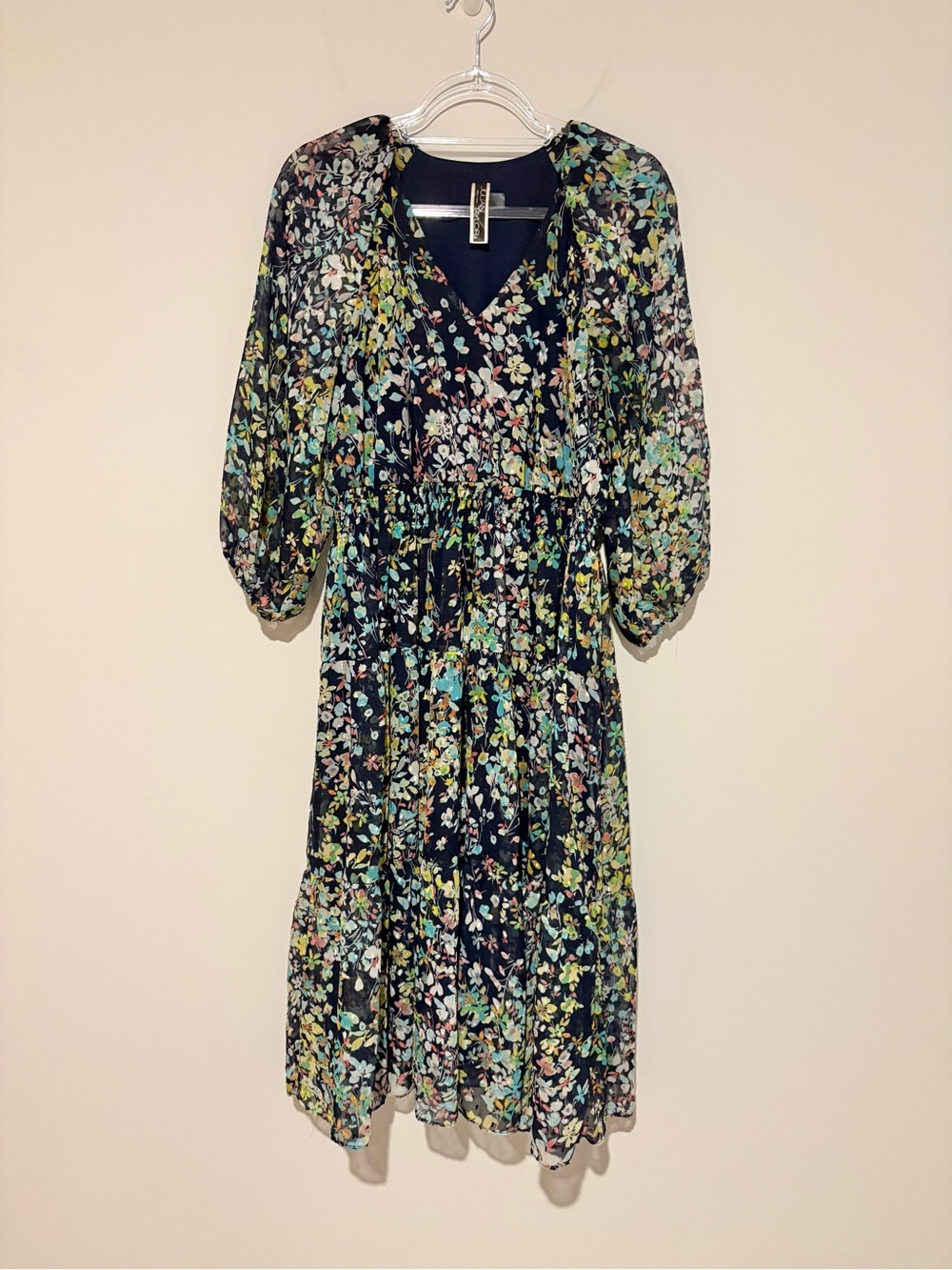Julian Taylor Floral Midi Dress with Sheer Puff Sleeves navy‎ blue size 12